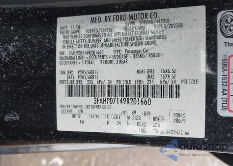 2009 Ford Fusion Se z USA, uszkodzony, nr VIN 3FAHP07149R201660